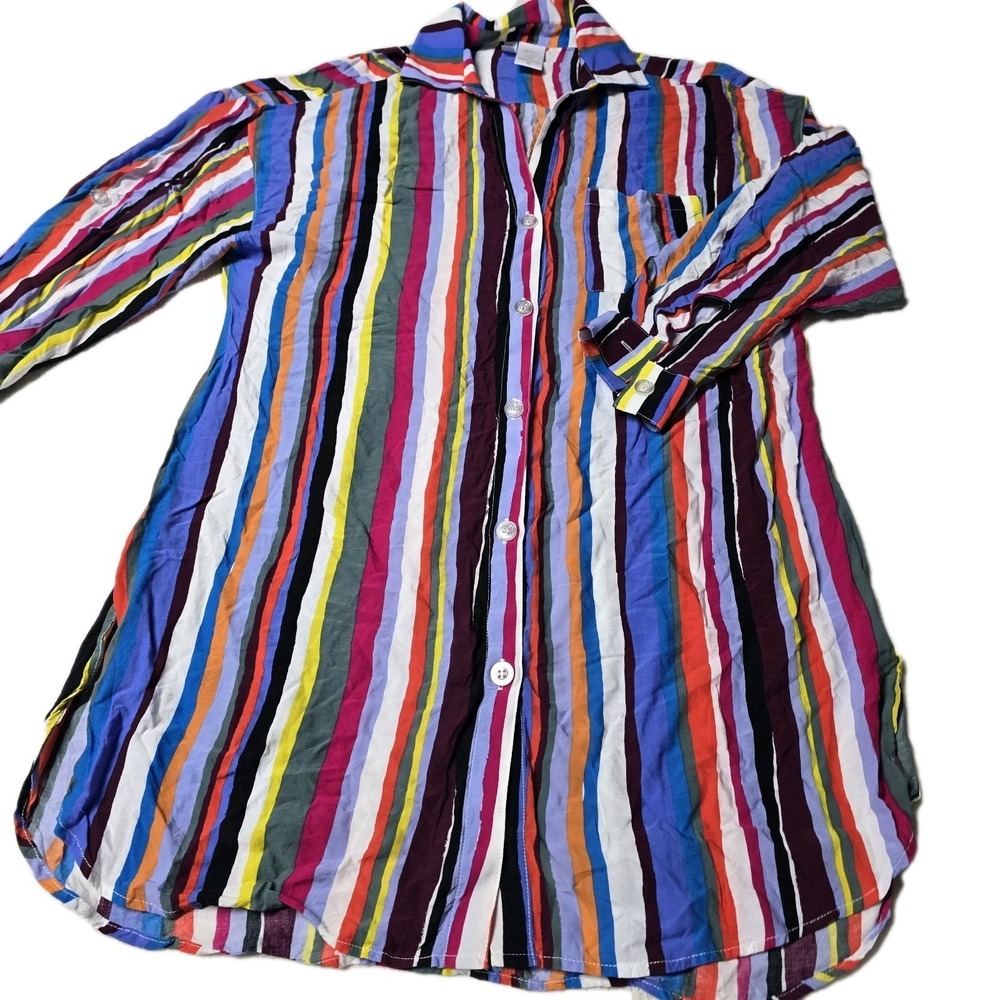 Anne‎ Cole Cover Up Shirt M Women Multicolor Striped Rayon Boyfriend Beach Tunic